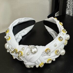 White Pearl & Crystal twist Knotted Headband